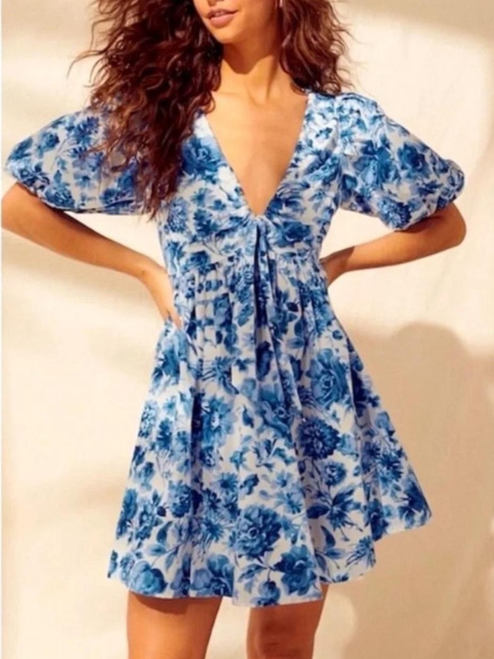 Abercrombie Blue Floral Tie Puff Sleeve Mini Dress Sz XS